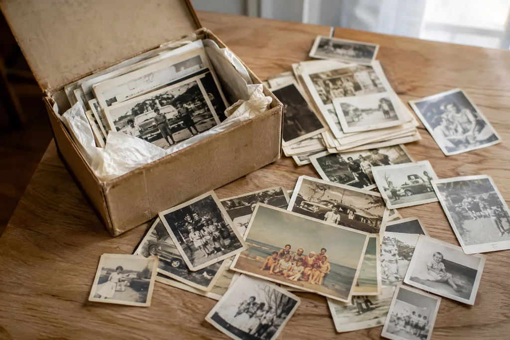 Une boîte de photographies anciennes ouverte, les tirages étalés sur une table