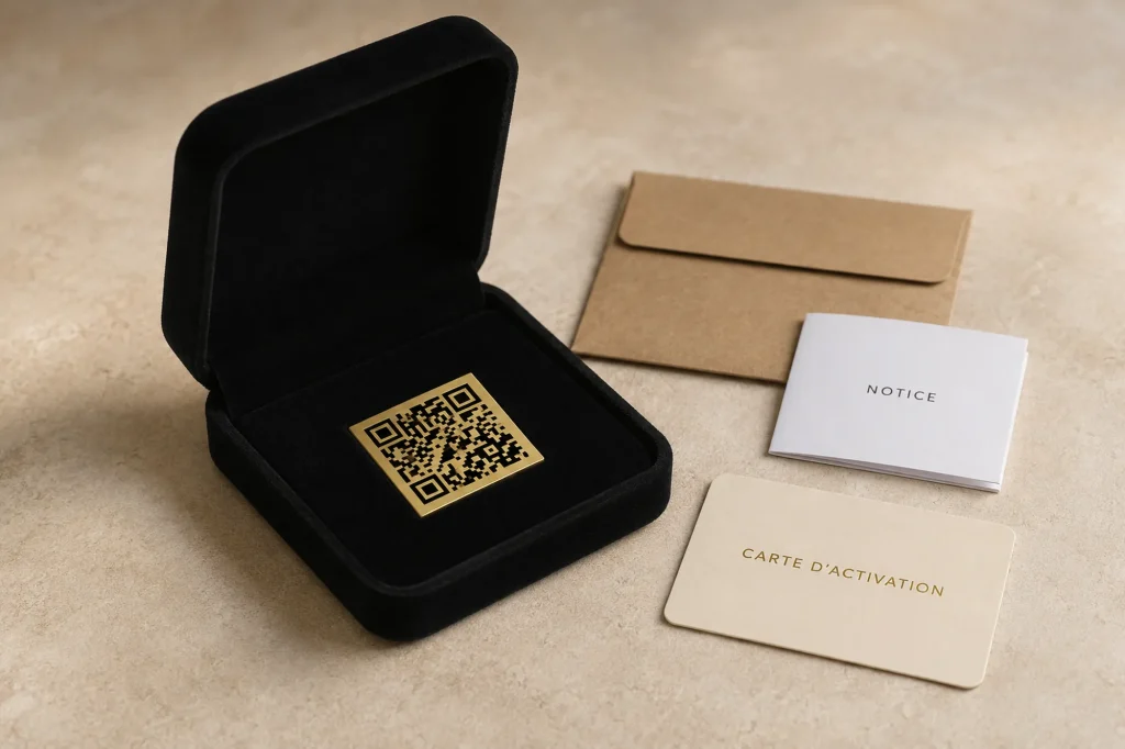 Plaque carrée souvenir QR code, en écrin