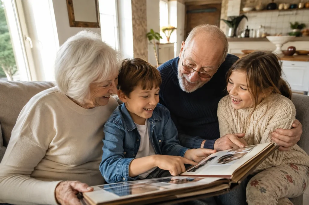 Des grands-parents feuillettent un album photo avec leurs deux petits-enfants