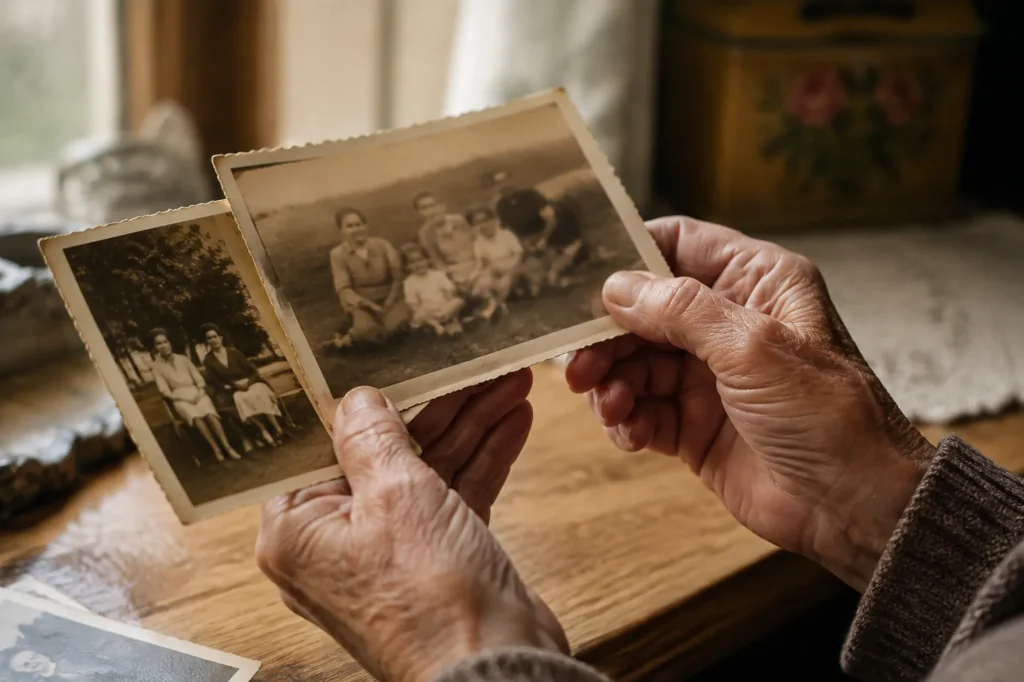 Les mains d'une personne âgée tiennent deux tirages photo anciens au-dessus d'une table en bois