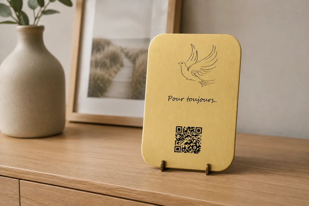 Plaque souvenir QR code posée sur une commode de salon, à côté de photos encadrées