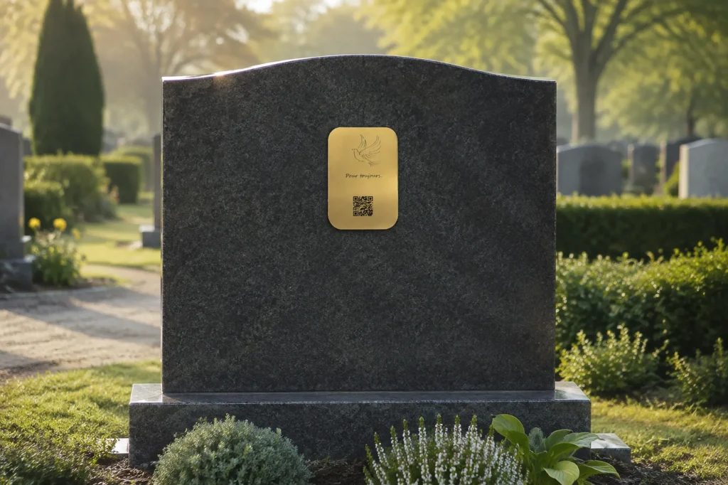 Plaque QR code souvenir fixée sur une stèle de granit, au cimetière
