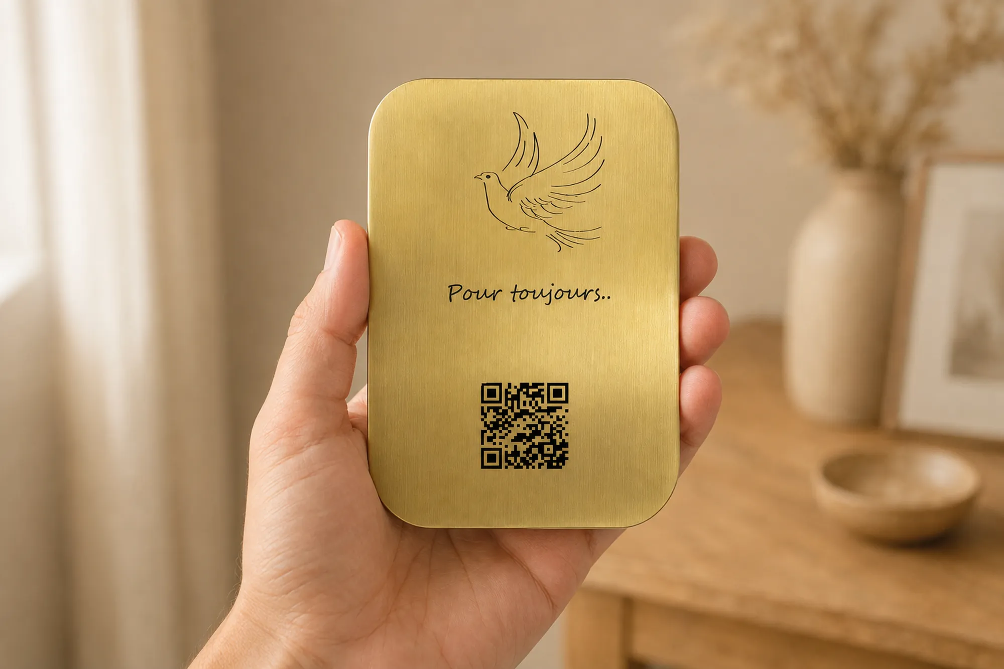 Une main tient une plaque souvenir en laiton gravée d'un QR code, « Pour toujours »