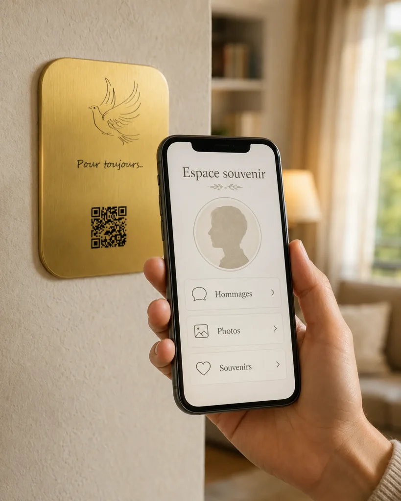 Un téléphone scanne le QR code d'une plaque souvenir et ouvre l'espace hommage de la personne